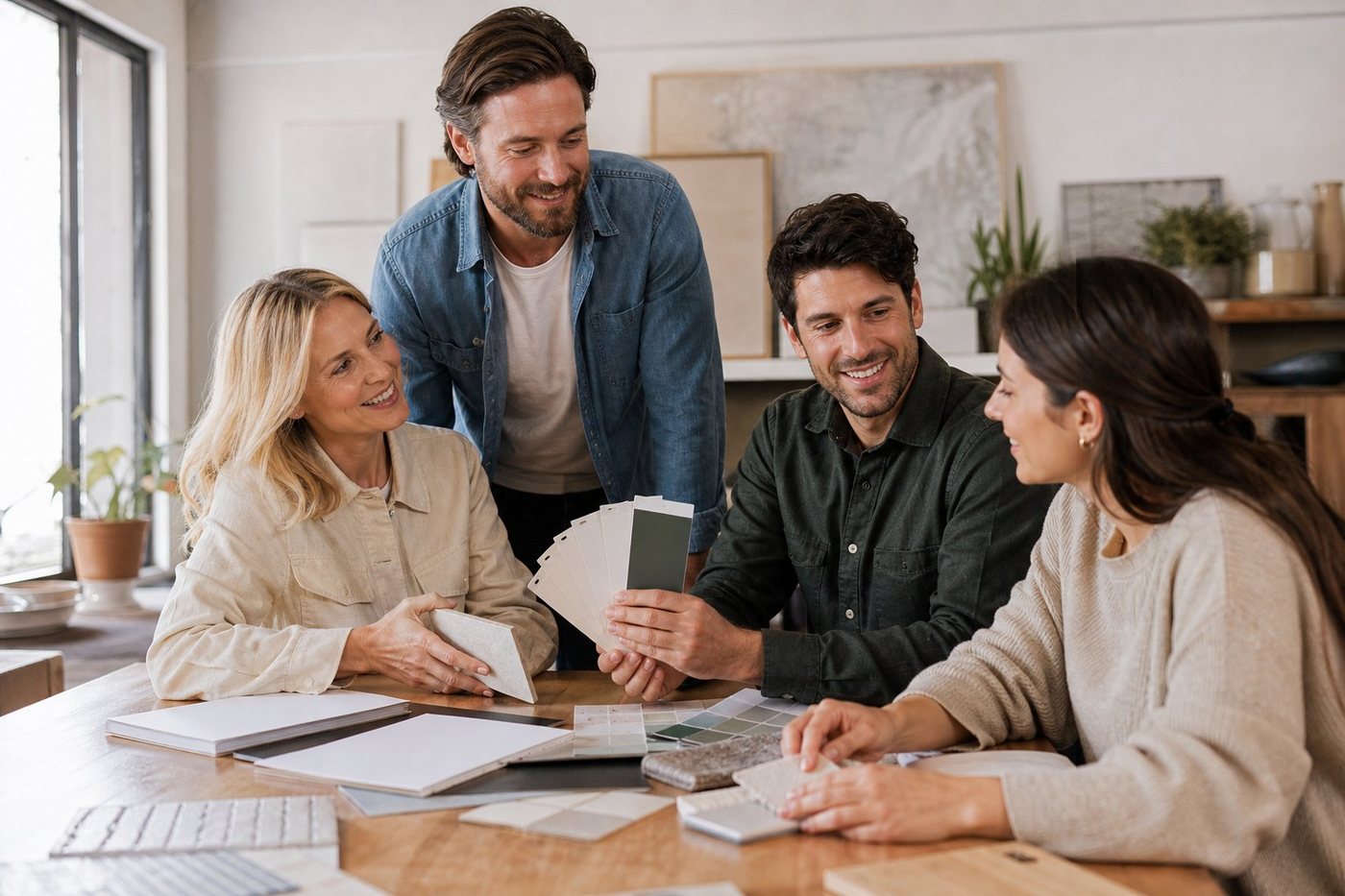 The Customize Home Idea design team reviewing material samples