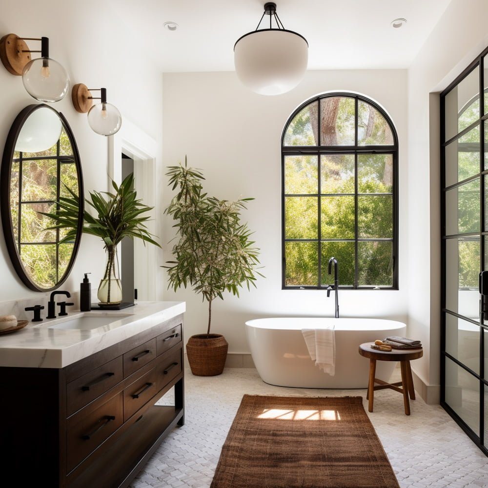 Modern bathroom vanity with stone countertop, mirror and soft lighting